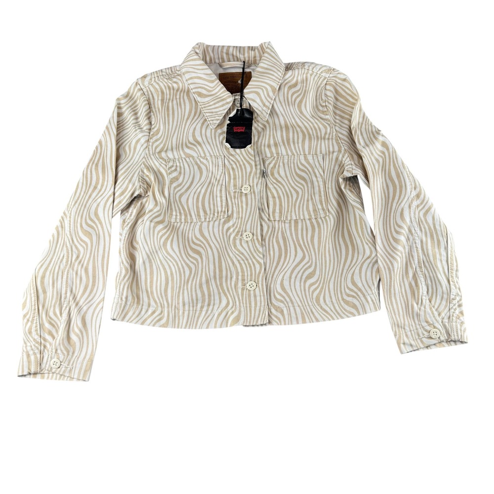 Levis‎ Premium Cropped Trucker Jacket Tan White Marble Swirl Print Womens Medium